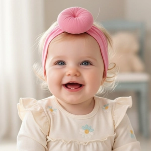 Bandeau rose pour bébé avec nœud en forme de donut doux porté par un adorable mannequin