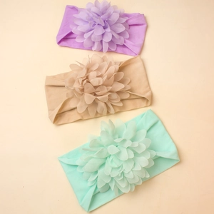 Three pieces of nylon baby headbands with large chiffon flowers in purple, khaki and green