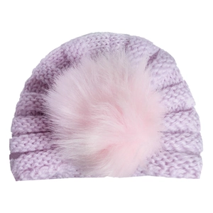 Winter knit baby hat in lavender purple with a fluffy pink faux fur pompom decoration