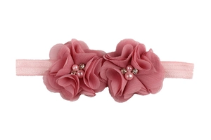 Bandeau rose pour bébé avec deux fleurs en mousseline, perles et strass brillants