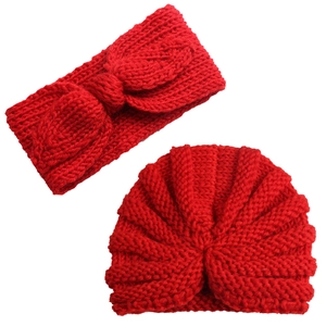 Set bimbo 2 pezzi in maglia con fascia fiocco rosso e cappello turbante per l'inverno