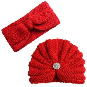 Ensemble hiver bonnet tricoté rouge et bandeau avec strass et nœud pour enfants
