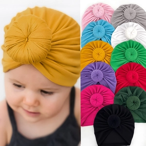 Soft Baby Turban Hat Donut Knot Pleated Stretch Polyester Cotton Indian Beanie Cap For Newborn Toddler Infant Solid Color