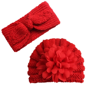 Red knit infant set with large flower beanie and bow headband for babies