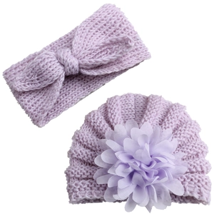 Lavender baby knit hat and headband set with chiffon flower and bow decorations