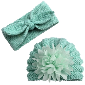 Two-piece baby knit set with mint green rabbit ear headband and floral beanie hat