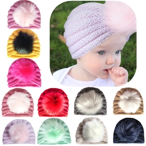 Baby Kids Winter Warm Knit Hat With Artificial Fur Pom Pom Ear Protection Soft Beanie Hat For Toddler Knitted Outdoor Cap