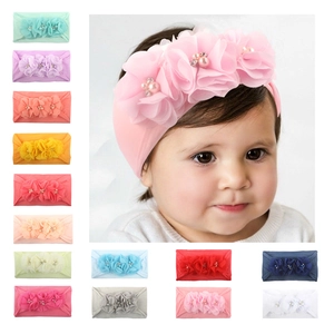 Diadema de Nailon Elástica para Bebé Niña Con Flores de Chifón Perla Artificial de Imitación Strass Accesorios para el Cabello Dulces