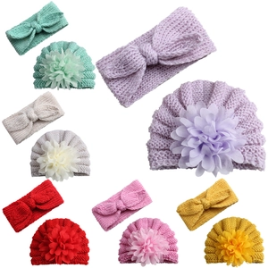 Infant Baby Knit Hat Headband Set Solid Color Large Flower Warm Beanie Bowknot Hairband Two Piece Outfits For Toddlers