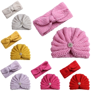 Ensemble Bonnet en Tricot et Bandeau pour Bébé Polyester Strass Nœud Turban Hiver Chaud Doux Accessoires Cheveux Filles Tout-petits Deux Pièces