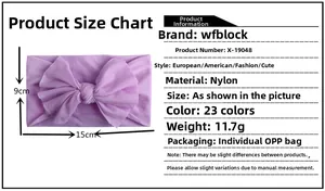 Size chart showing soft nylon baby headband dimensions of 15cm width and 9cm height
