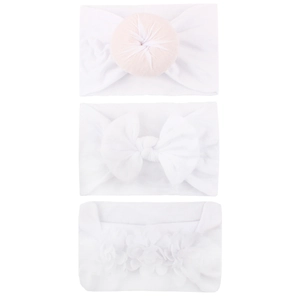 Detailed set of three white elastic baby headbands with flowers and bow designs