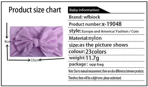 Size chart showing a 15x9cm soft nylon baby headband with specifications and dimensions