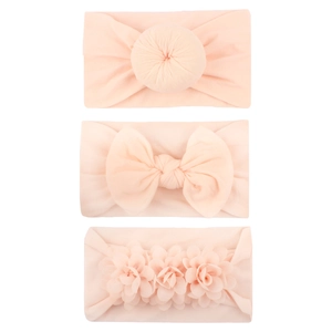 Set of 3 peach nylon baby headbands with donut knot, bow, and chiffon flower designs