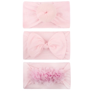 Three-piece baby headband set in light pink featuring donut knots and chiffon flowers