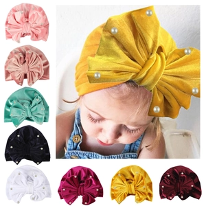 Soft Velvet Baby Turban Hat With Large Bow And Artificial Pearls Cute Newborn Toddler Headwrap Infant Beanie Hat For Girls Accessories