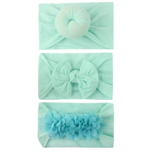 Three-piece mint green baby headband set featuring soft nylon bow and chiffon flowers