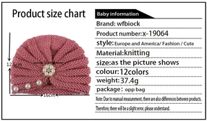 Size chart showing dimensions for a baby knit turban hat with pearl flower details