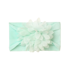 Detailed close-up of mint green nylon headband with large 3D chiffon flower for babies
