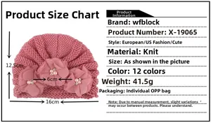 Detailed sizing guide for pink knitted baby turban hat with chiffon flower and pearls