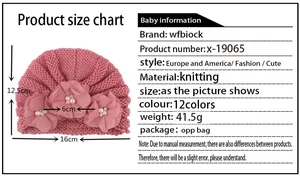 Size chart for knit baby hat with dimensions and details of pink floral pearl design