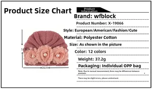 Size chart showing 12.5x16cm dimensions for a knit baby hat with mesh flower details