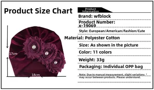 Size chart showing burgundy baby turban hat with 3D flowers and 17x18cm measurements