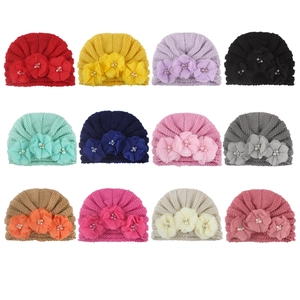Set of 12 colors baby knit turban hats with three chiffon flowers and pearls