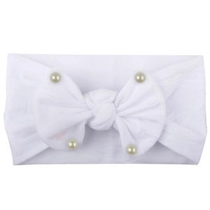 Soft white elastic nylon baby headband with large double bow and decorative faux pearls