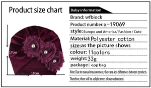 Size chart for baby turban hat showing 17x18cm dimensions and polyester cotton material