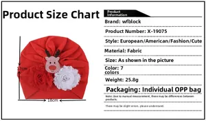 Detailed size chart for Christmas baby turban hat featuring deer and floral accents