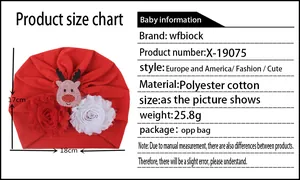 Size chart showing dimensions of 17x18cm for the red baby turban hat with reindeer detail