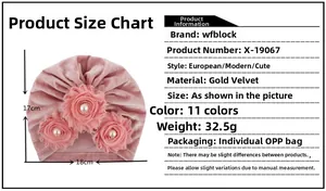 Detailed size chart for pink velvet baby turban hat with 17cm height and 18cm width
