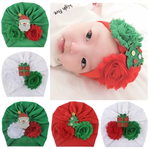 Baby Christmas Turban Hat Soft Polyester Warm Winter Cap With Santa Reindeer Christmas Tree Rhinestone Flower Decor For Infants