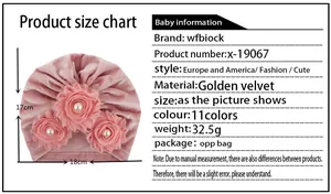 Size chart showing 17x18cm dimensions for the velvet baby flower hat with pearl details