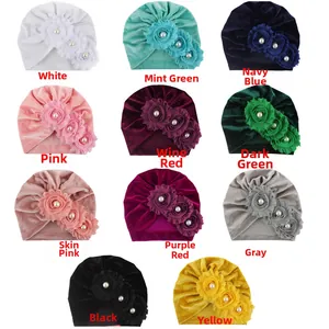 Detailed grid view of velvet baby flower hats in 11 colors with pearl flower decor