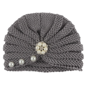 Knitted dark grey turban hat for infants with pearl accents and rhinestone flower decor