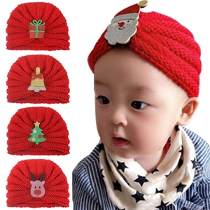 Bonnet Turban en Maille de Noël Bébé Rouge Chaud Hiver Crochet Avec Père Noël Renne Sapin Cloche Boîte Cadeau Enfants