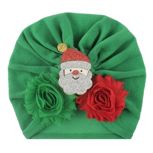 Green baby Christmas turban hat with chiffon flowers and Santa Claus embellishment