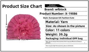 Detailed size chart for pink knitted baby beanie with golden sequin flower accents