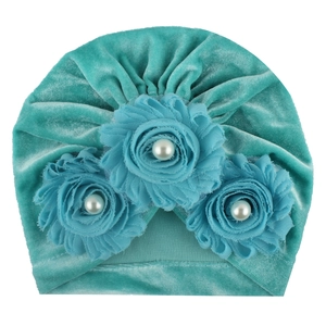 Sky blue velvet baby turban hat with delicate mesh flower decorations and pearls