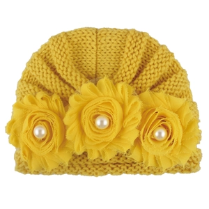 Infant yellow knitted turban hat with chiffon flowers and pearls for autumn and winter wear