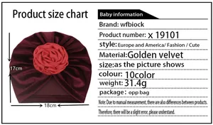 Tableau des tailles pour bonnet bébé en velours montrant les dimensions 17cm sur 18cm