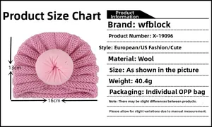 Detailed size chart for kids pink knitted donut beanie with 13cm height and 16cm width
