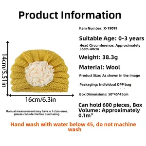 Size chart for knit baby flower hat showing 16x14cm dimensions and washing guide