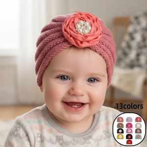 Bonnet Turban en Tricot pour Bébé Fille Avec Grande Fleur en Satin Künstliche Perle Strass Bonnet d'Hiver Chaud pour Nourrissons Accessoires Photo