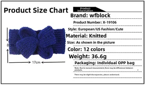 Tableau des tailles montrant les dimensions 17x8cm du bandeau noeud tricoté bleu enfant