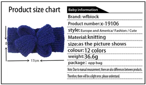 Tableau des tailles pour bandeau bébé en tricot bleu avec dimensions 17cm sur 8cm