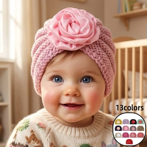 Baby Girls Winter Warm Knit Turban Hat With Large Satin Rose Flower Soft Beanie For Infants Toddlers Photography Props
