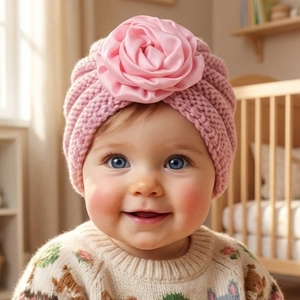 Detail of pink knitted baby turban hat featuring a large satin rose on front